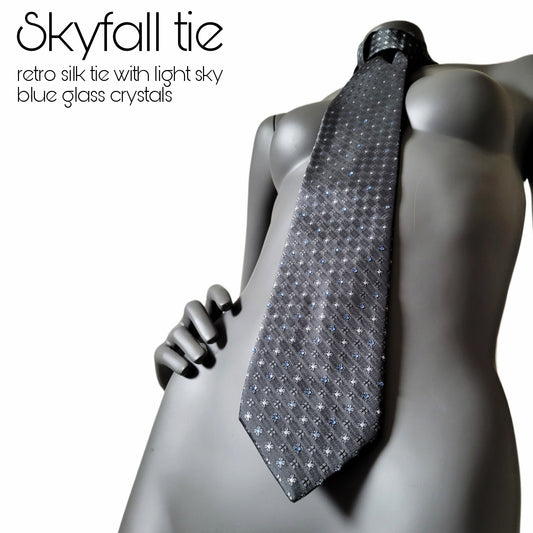 Another Dance collection: Skyfall tie, vintage gray silk necktie with pale blue glass crystals