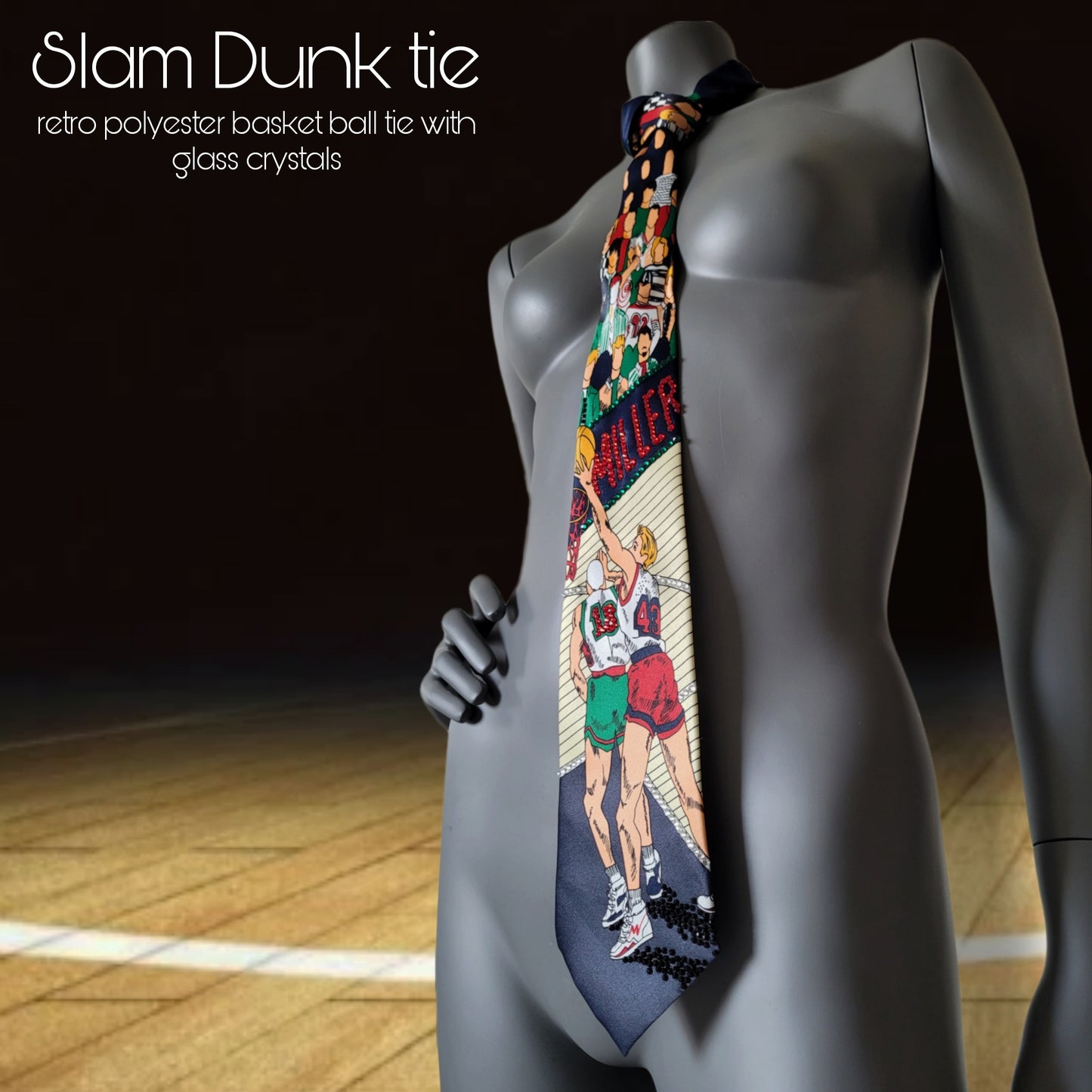 Sportmania collection: Slam Dunk tie, retro silk basket ball print necktie with sparkling glass crystals