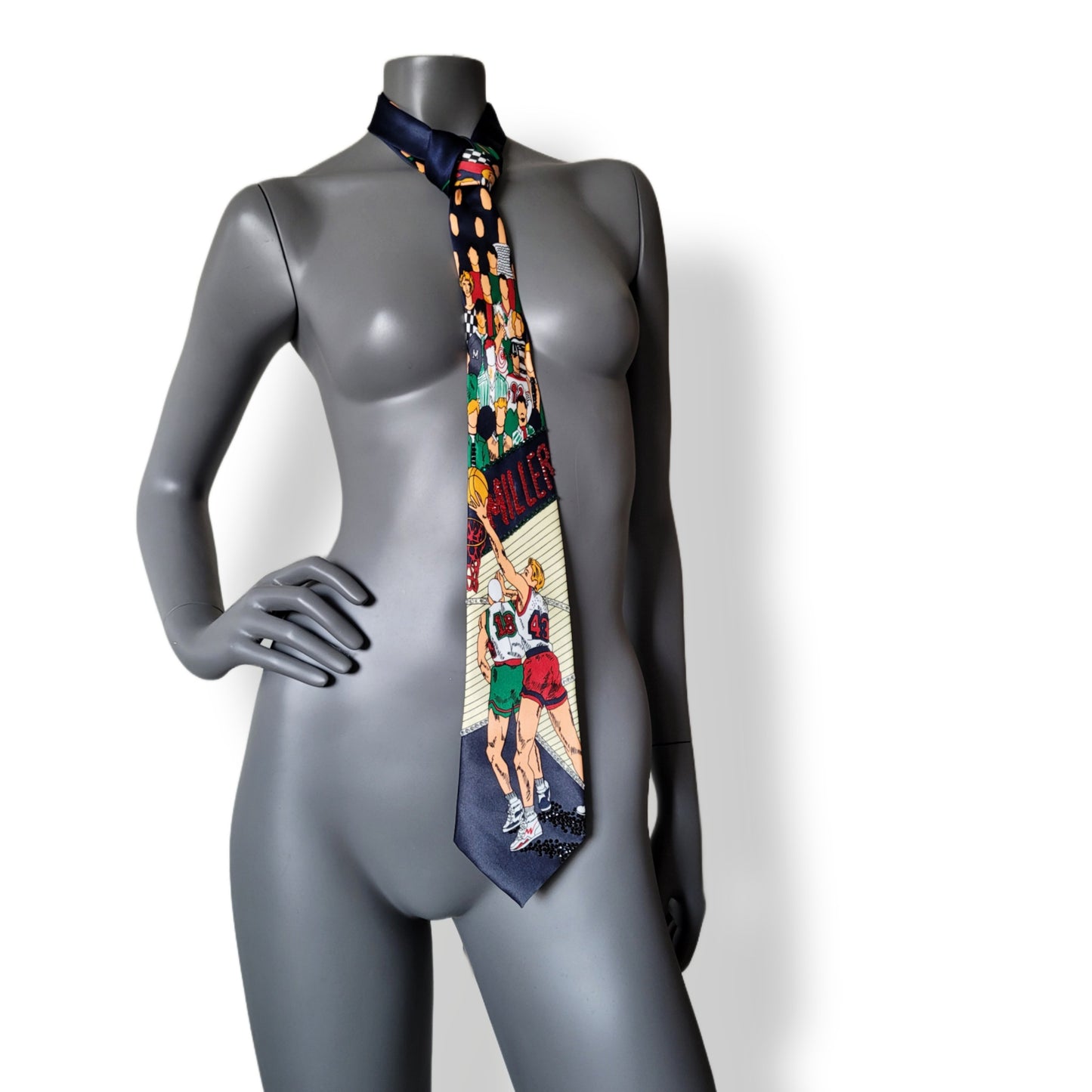 Sportmania collection: Slam Dunk tie, retro silk basket ball print necktie with sparkling glass crystals