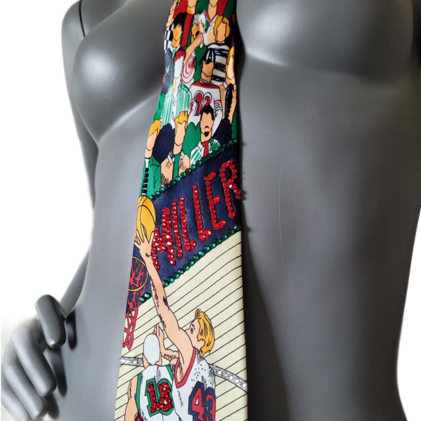 Sportmania collection: Slam Dunk tie, retro silk basket ball print necktie with sparkling glass crystals