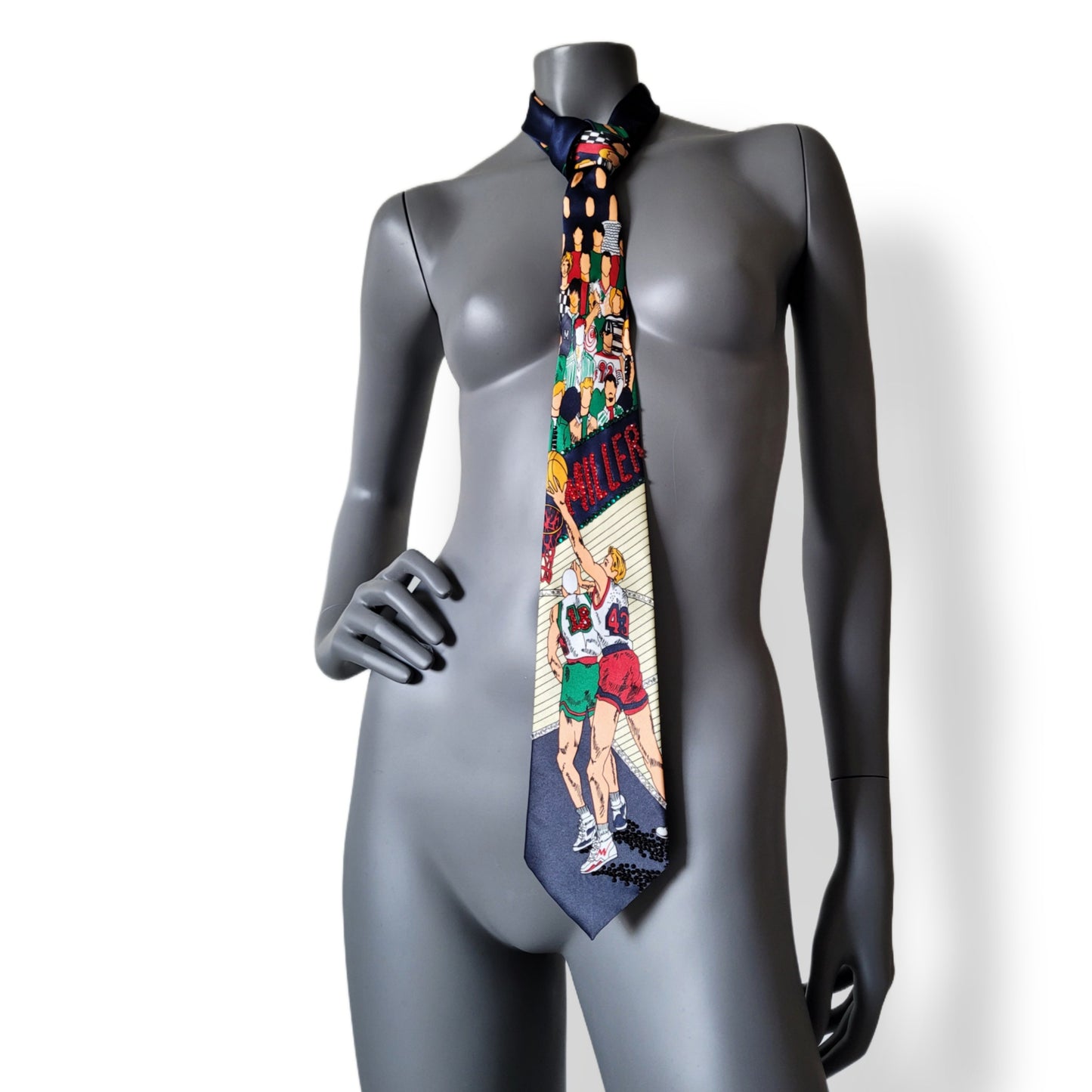 Sportmania collection: Slam Dunk tie, retro silk basket ball print necktie with sparkling glass crystals