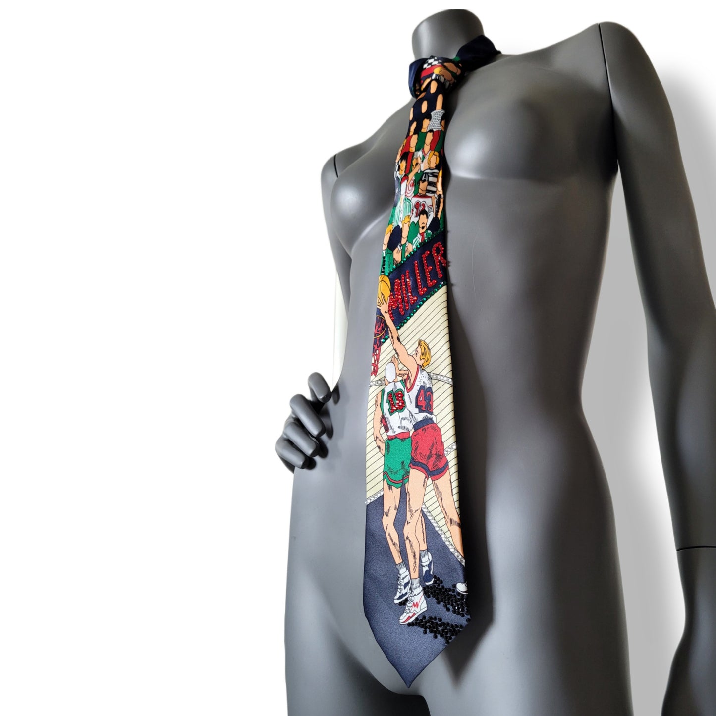 Sportmania collection: Slam Dunk tie, retro silk basket ball print necktie with sparkling glass crystals