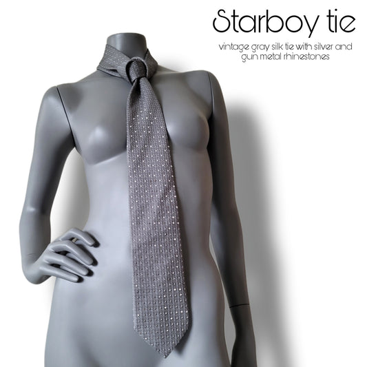 Another Dance collection: Starboy tie, vintage gray silk necktie with silver and gun metal rhinestones