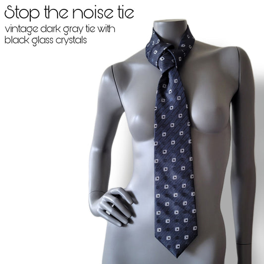 Another Dance collection: Stop the Noice tie, silk polyester necktie with black glass crystals