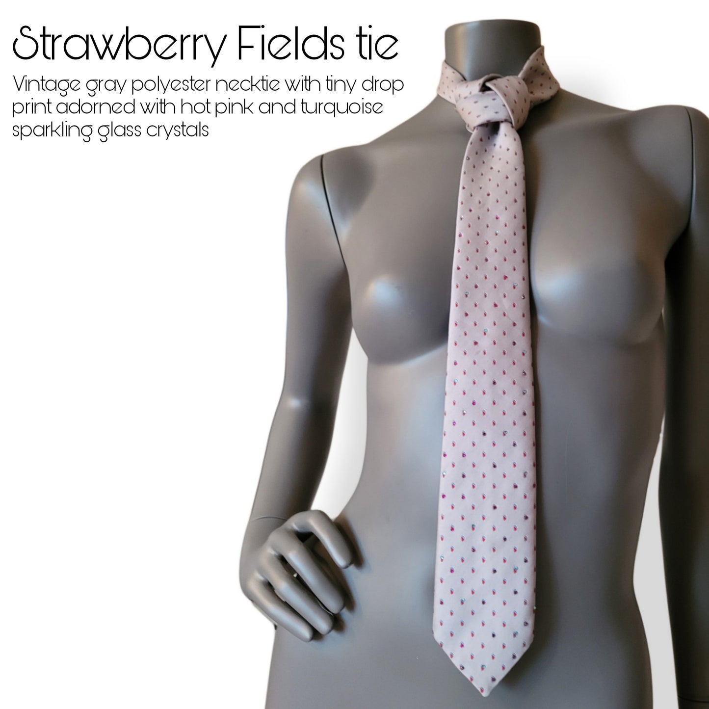 Another Dance collection: Strawberry Fields tie, vintage gray polyester necktie with drop pattern in hot pink and blue with shimmering cerise and turquoise glass crystals