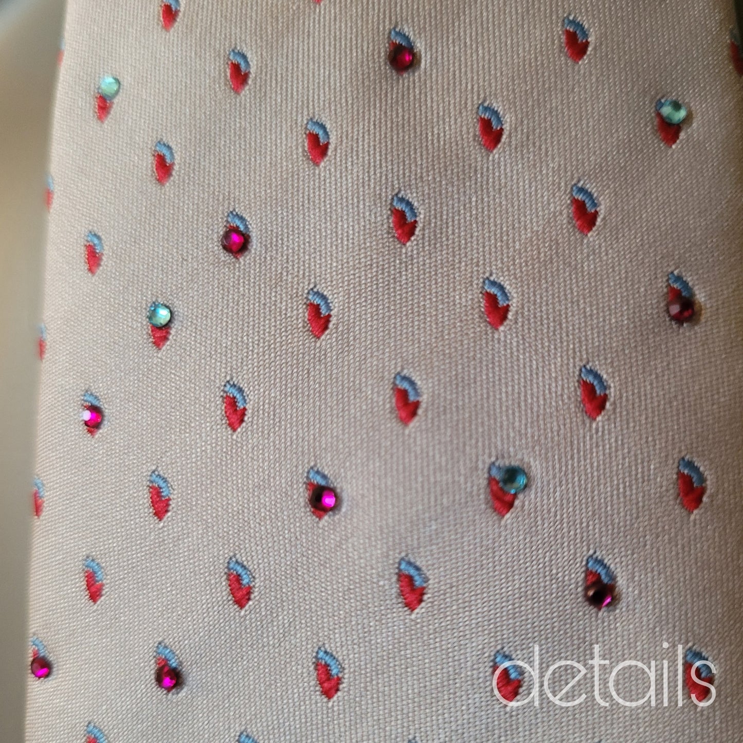 Another Dance collection: Strawberry Fields tie, vintage gray polyester necktie with drop pattern in hot pink and blue with shimmering cerise and turquoise glass crystals