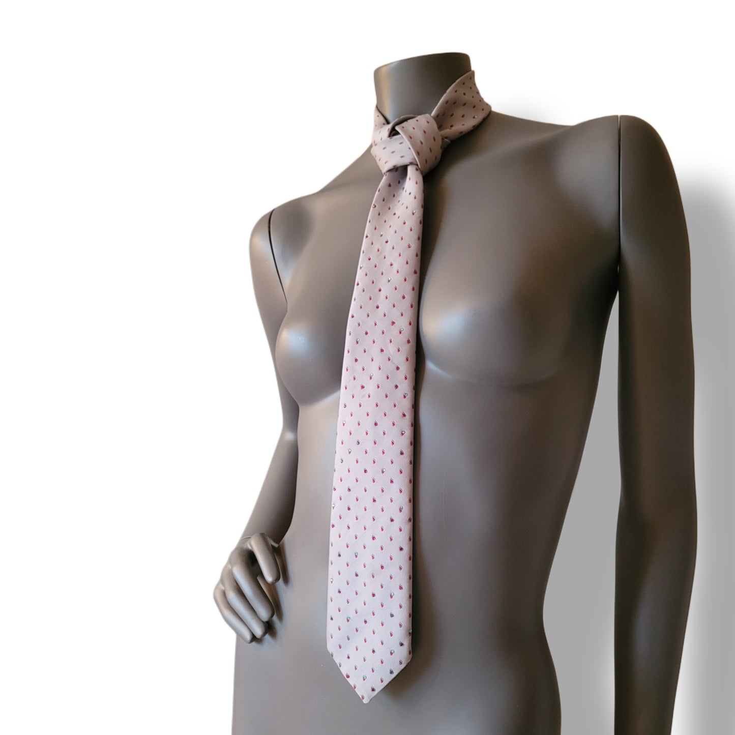 Another Dance collection: Strawberry Fields tie, vintage gray polyester necktie with drop pattern in hot pink and blue with shimmering cerise and turquoise glass crystals