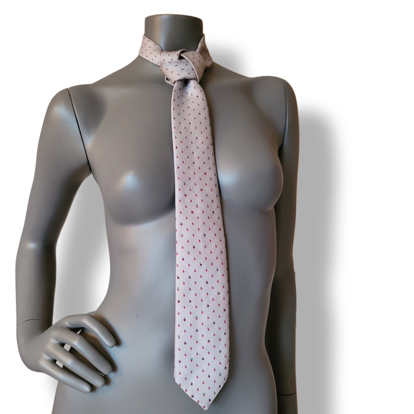 Another Dance collection: Strawberry Fields tie, vintage gray polyester necktie with drop pattern in hot pink and blue with shimmering cerise and turquoise glass crystals