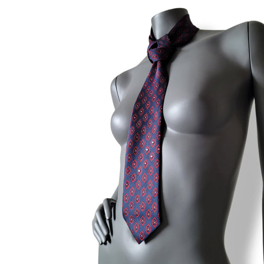 Another Dance collection: Sympathy for the Devil tie, retro marine blue and red polyester necktie with medallion pattern adorned with glass crystals shifting in red and blue