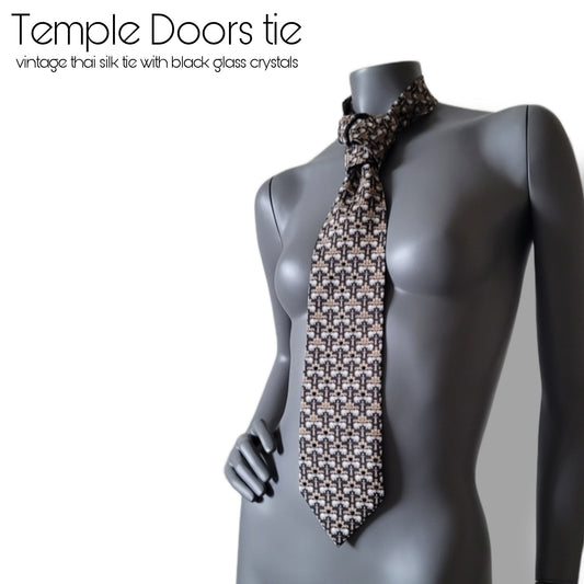 Another Dance collection: Temple doors tie, black thai silk necktie with elephants and black glass crystals