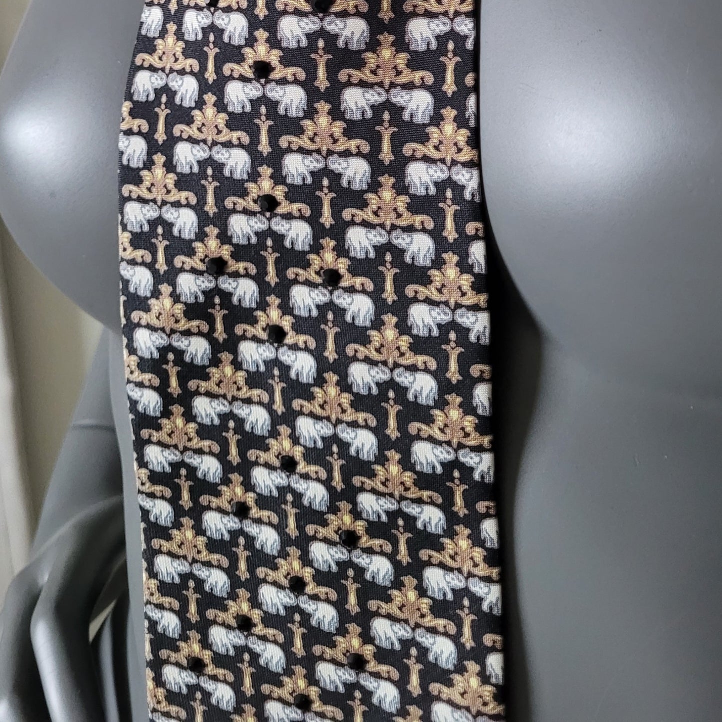 Another Dance collection: Temple doors tie, black thai silk necktie with elephants and black glass crystals