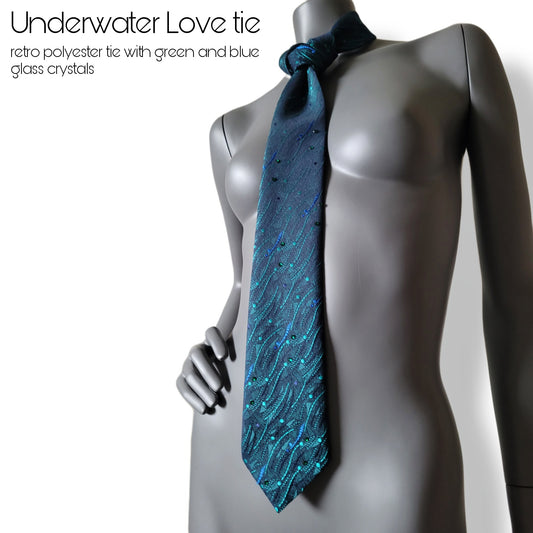 Another Dance collection: Underwater Love tie, retro black and sea green polyester necktie with green and blue glass crystals