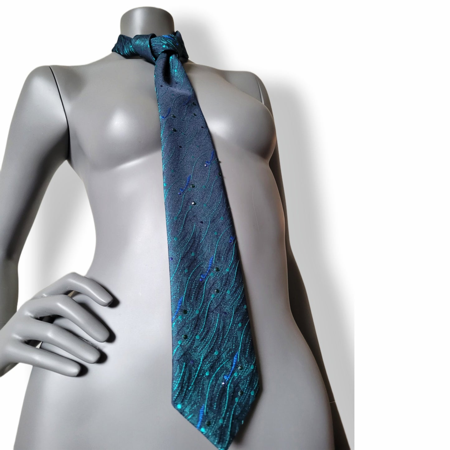 Another Dance collection: Underwater Love tie, retro black and sea green polyester necktie with green and blue glass crystals