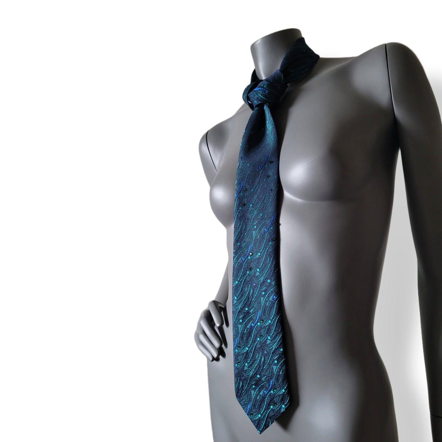 Another Dance collection: Underwater Love tie, retro black and sea green polyester necktie with green and blue glass crystals