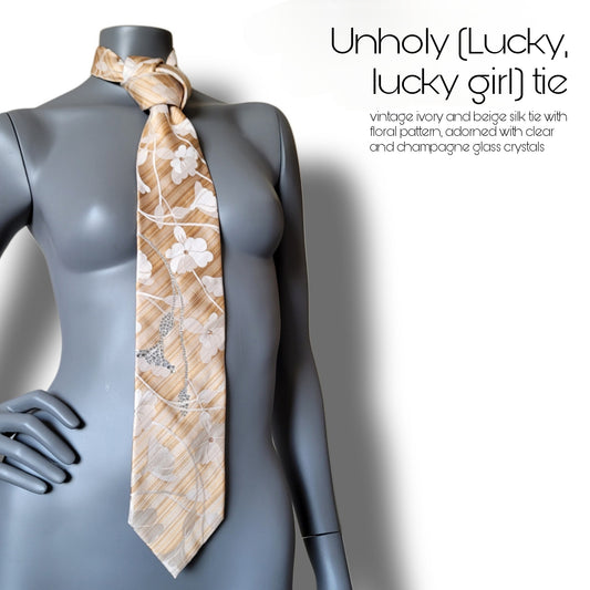 Another Dance collection: Unholy (Lucky, lucky girl) tie, vintage beige, ivory and golden silk necktie with crystal clear and champagne glass crystals