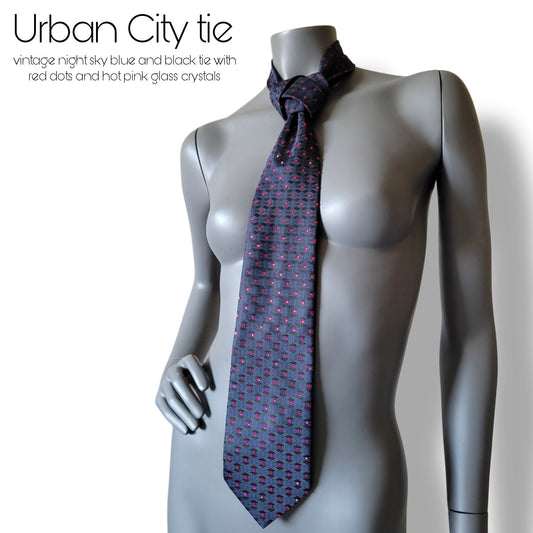 Another Dance collection: Urban City tie, vintage polyester necktie with hot pink glass crystals