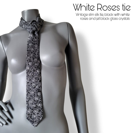 Another Dance collection: White Roses tie, vintage black silk slim necktie with white roses and jet black glass crystals