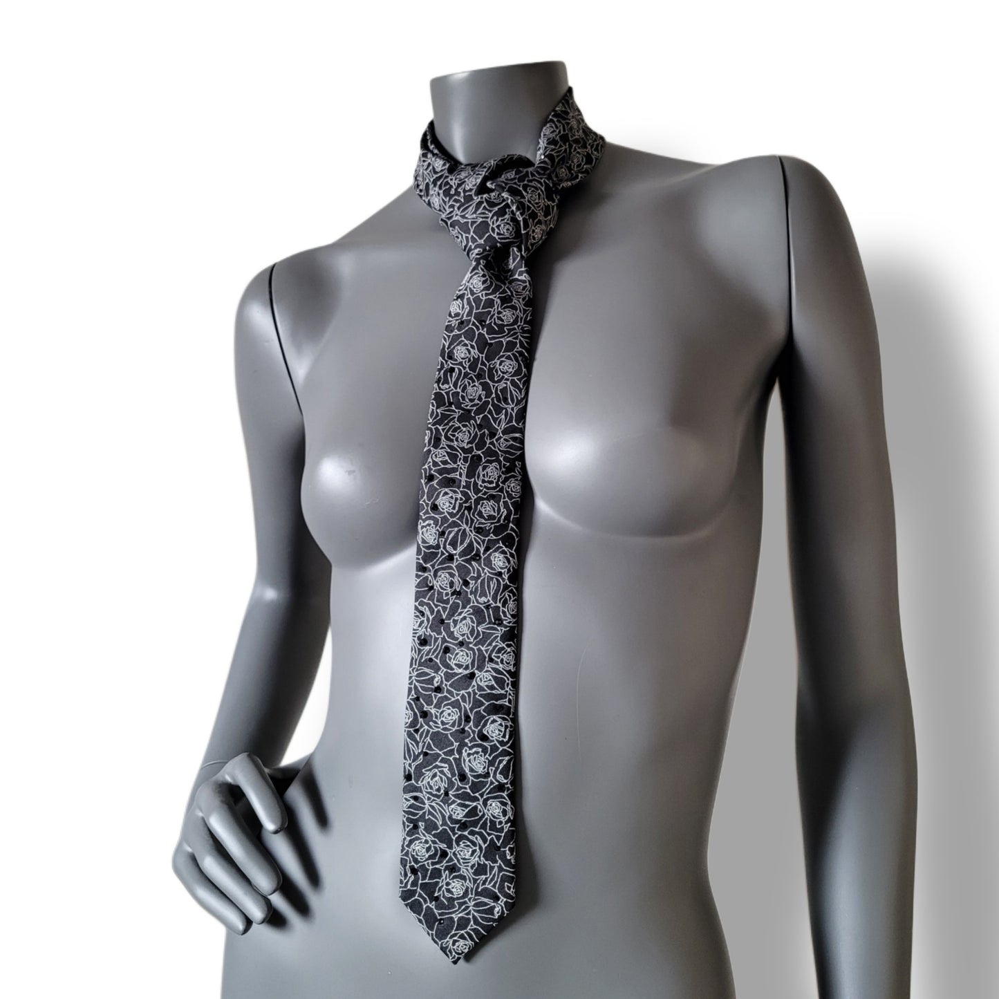 Another Dance collection: White Roses tie, vintage black silk slim necktie with white roses and jet black glass crystals