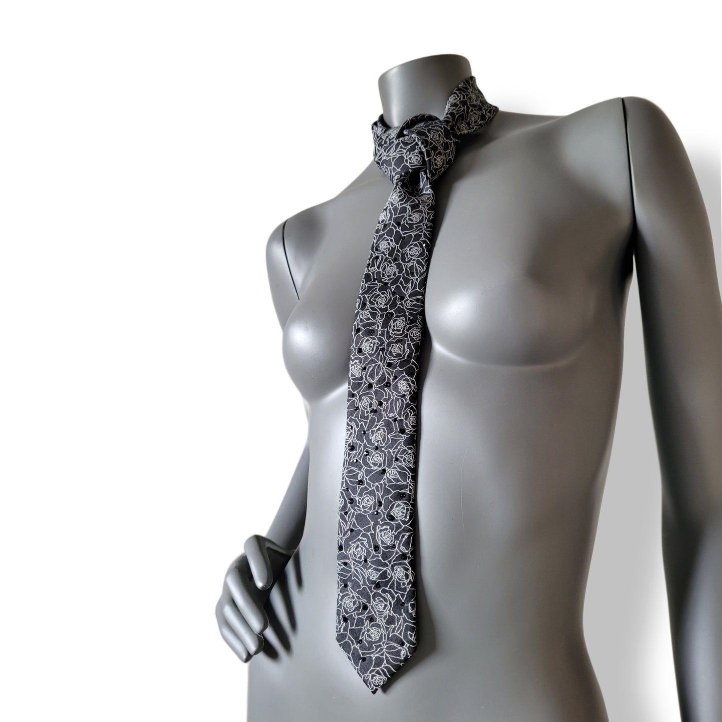 Another Dance collection: White Roses tie, vintage black silk slim necktie with white roses and jet black glass crystals