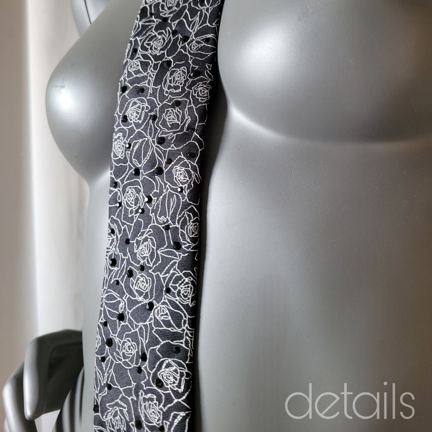 Another Dance collection: White Roses tie, vintage black silk slim necktie with white roses and jet black glass crystals