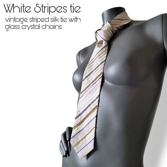 Another Dance collection: White Stripes tie, vintage beige, pink and golden striped silk necktie with glass crystals