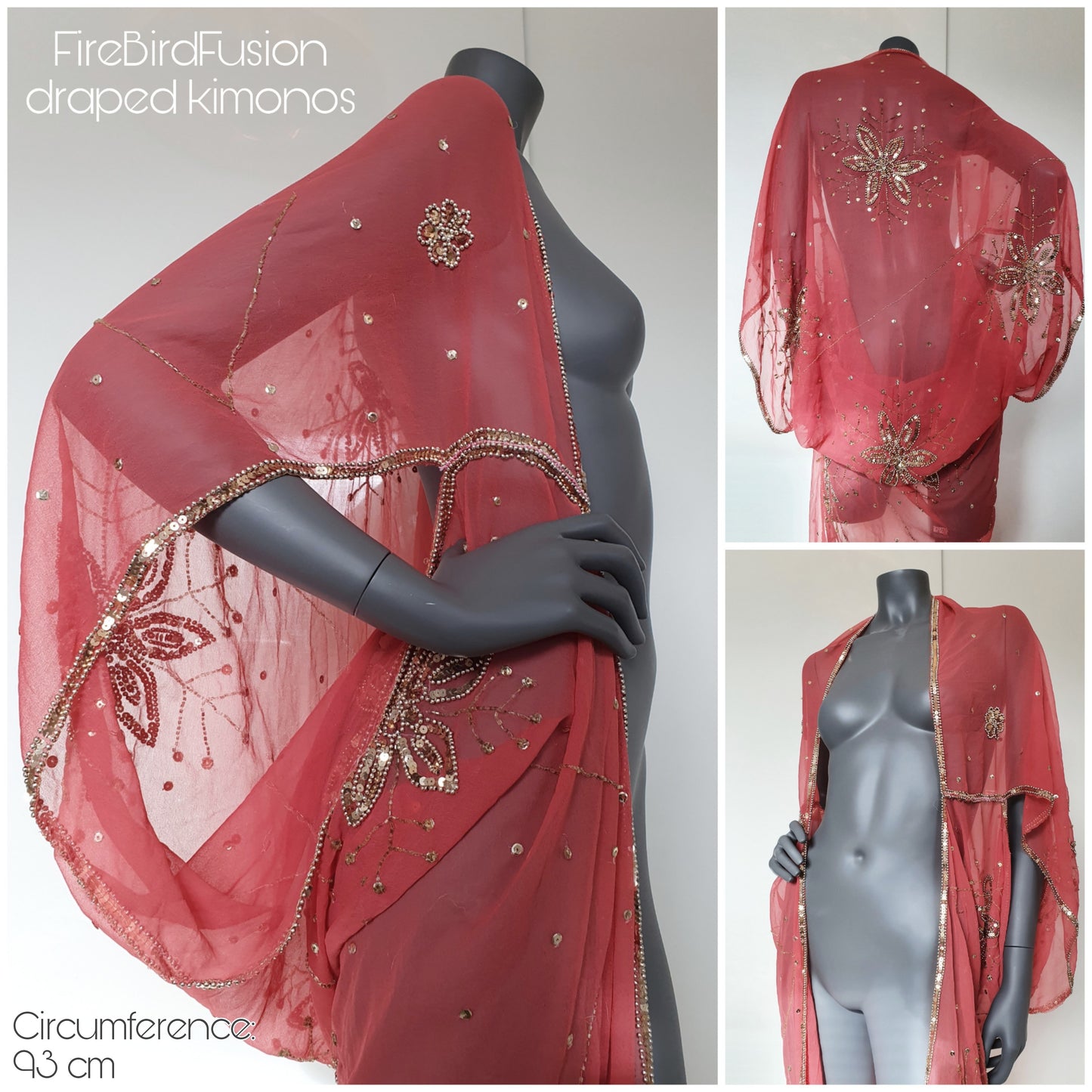 Draped kimono in salmon pink with beautiful hand embroidery (M)