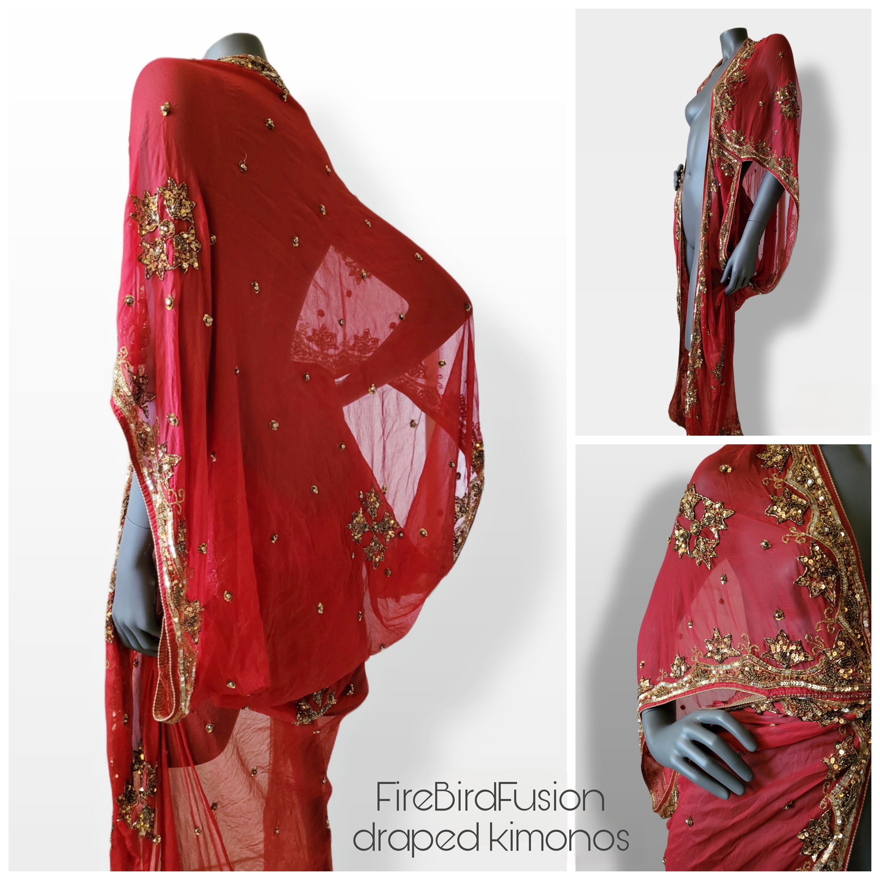 Draped kimono in red with elaborated hand embrodery in gold (M-L ...