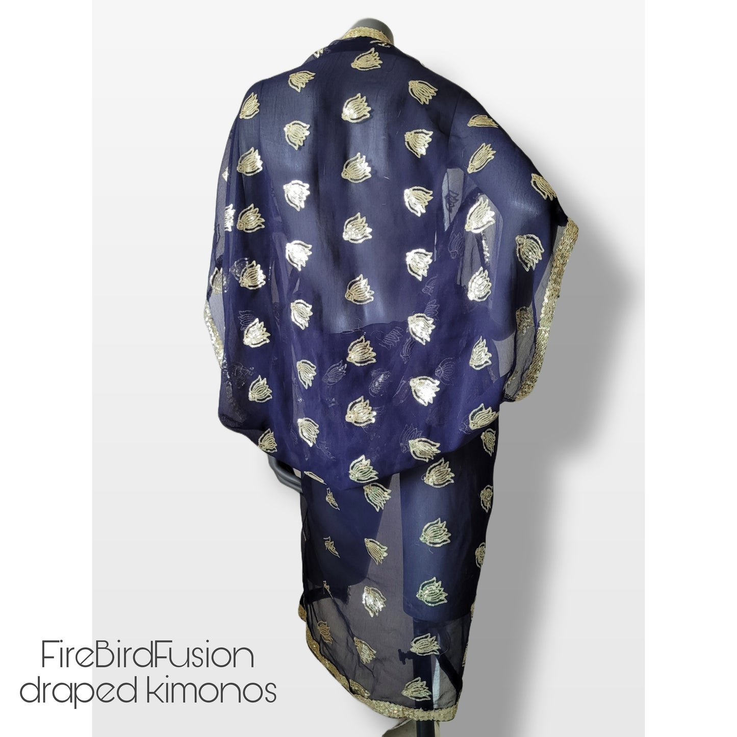 Draped kimono in dark marine blue with golden embroidery (S-M)