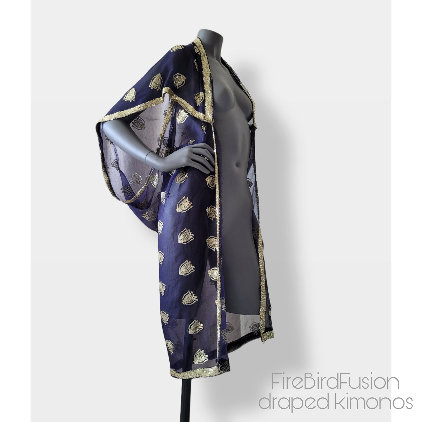 Draped kimono in dark marine blue with golden embroidery (S-M)