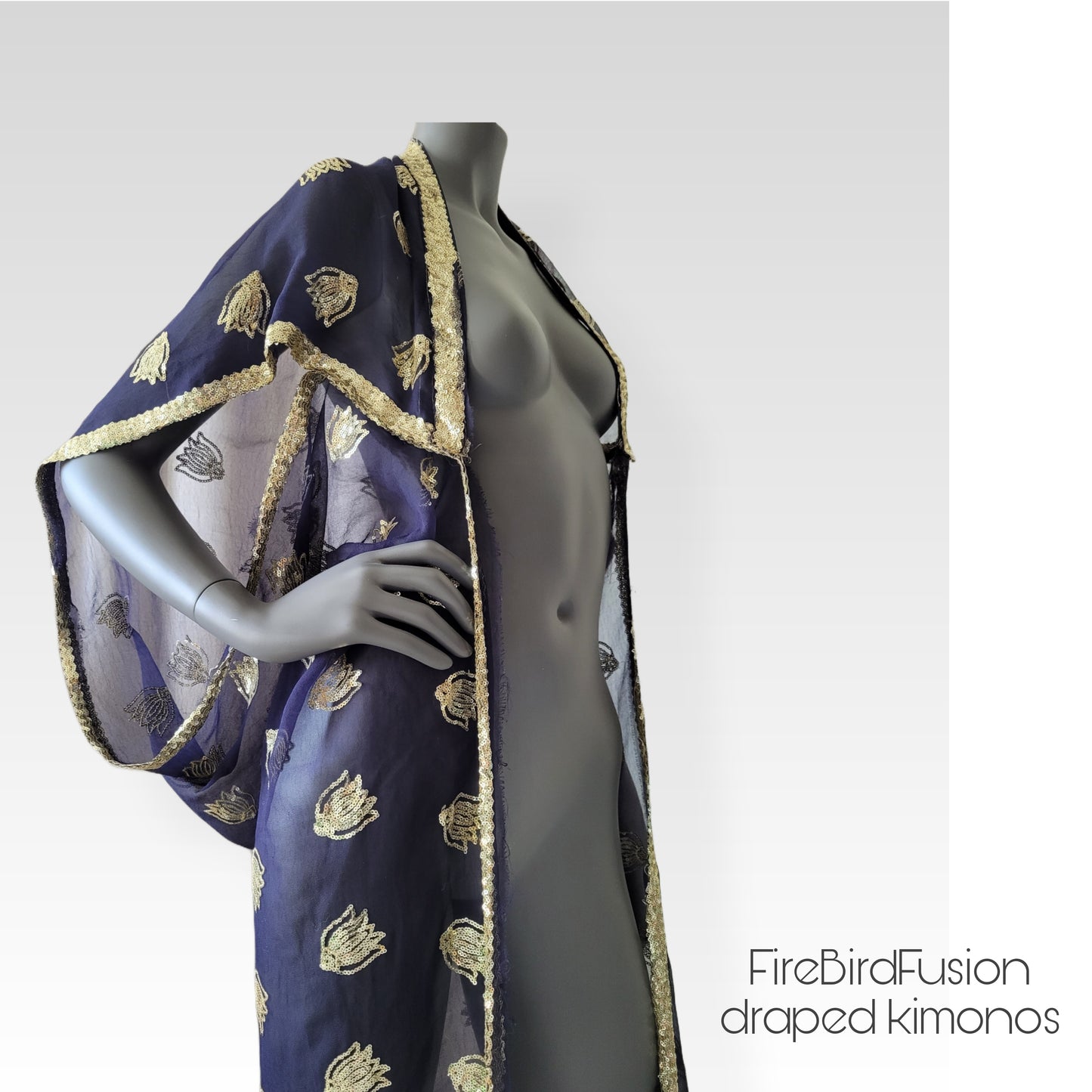 Draped kimono in dark marine blue with golden embroidery (S-M)