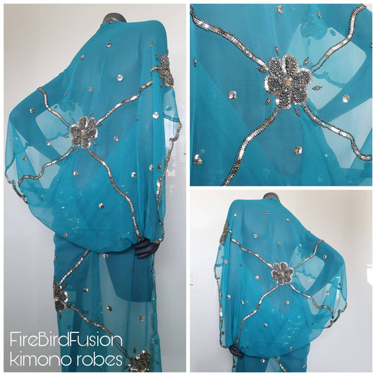 Draped kimono, sky blue with elaborated hand embroidery with silver sequins and beads (M-L)