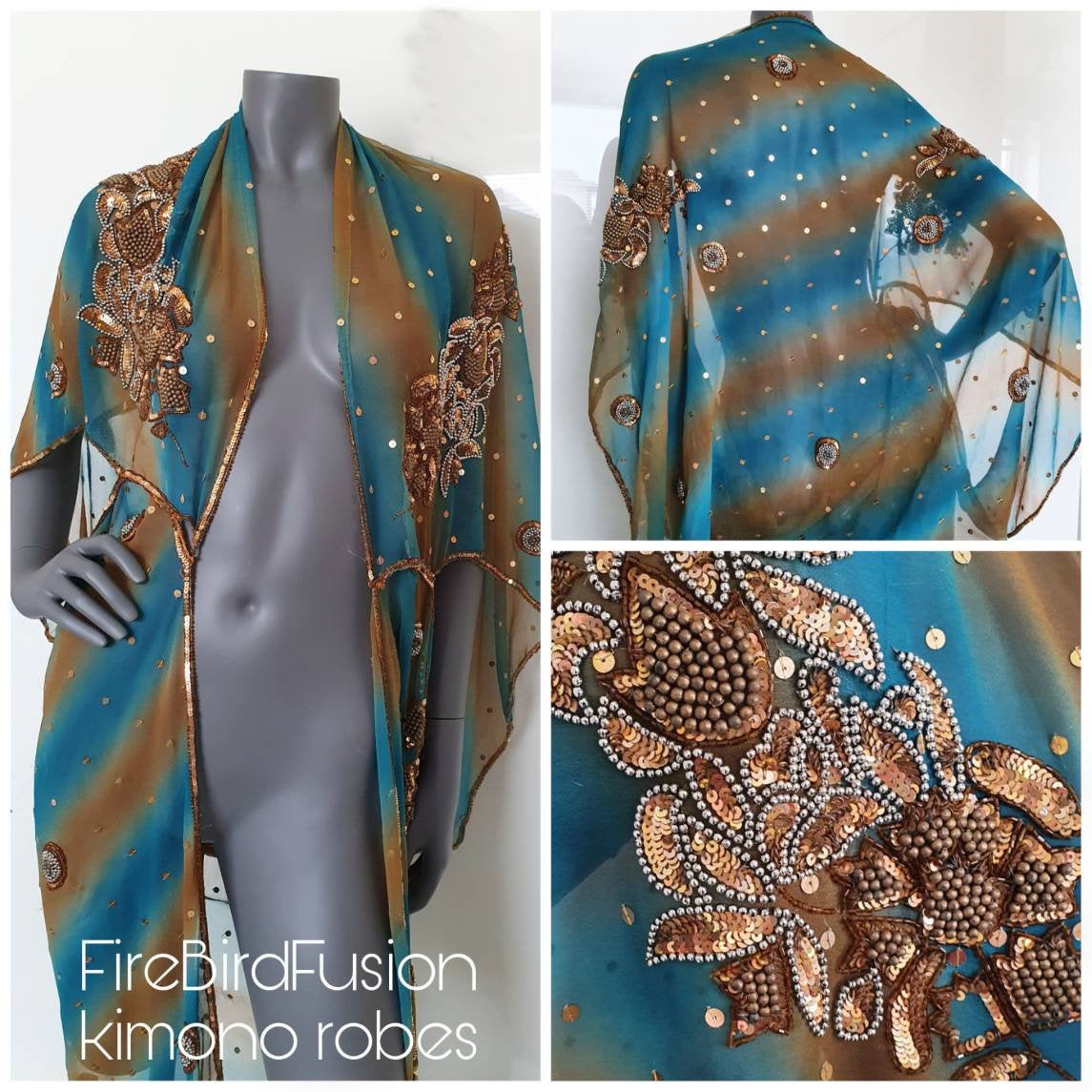 Draped kimono in teal and brown with elaborated hand embroidery with b ...