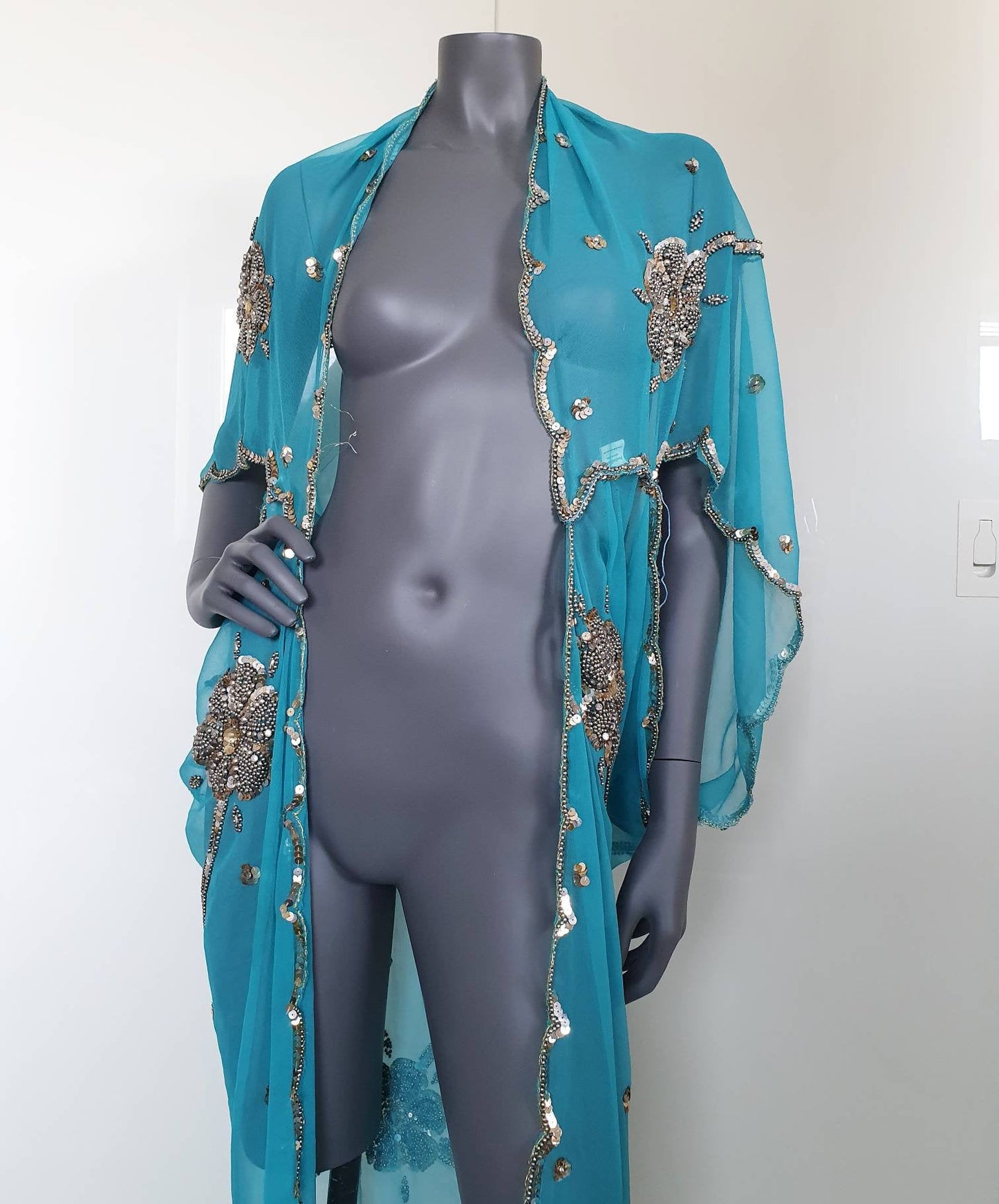 Draped kimono, sky blue with elaborated hand embroidery with silver sequins and beads (M-L)